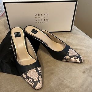 Brand New Hallie Cap toe mules shoes, black and snake skin look on tip Size 10